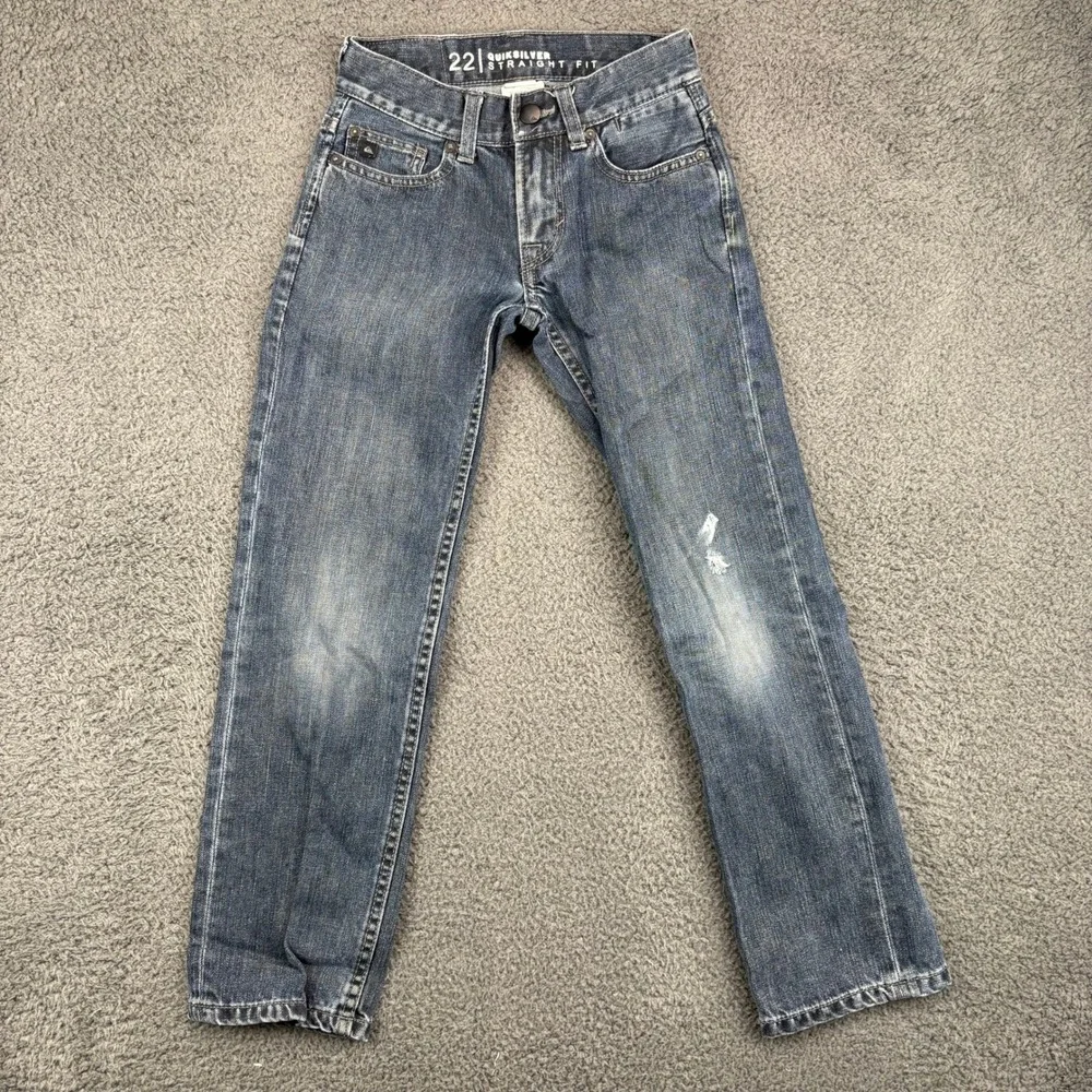 Quiksilver Boys 22 Straight‎ Fit Denim Jeans Distressed Blue Cotton